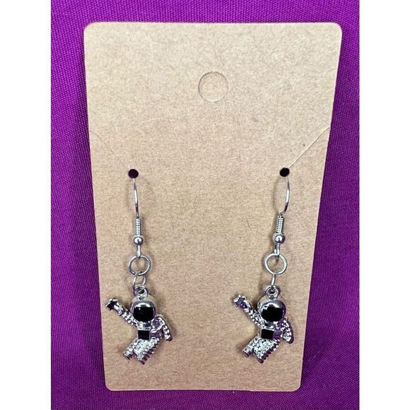 Handmade Dangly Silver Spaceman Earrings - Picture 1 of 3